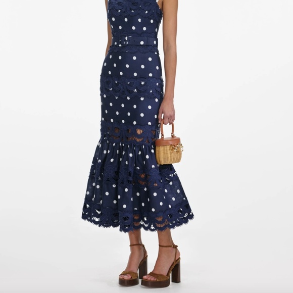 self-portrait Navy Polka Dot Linen Midi Dress Size: US2 - MSRP $690 - NWT - Picture 6 of 8